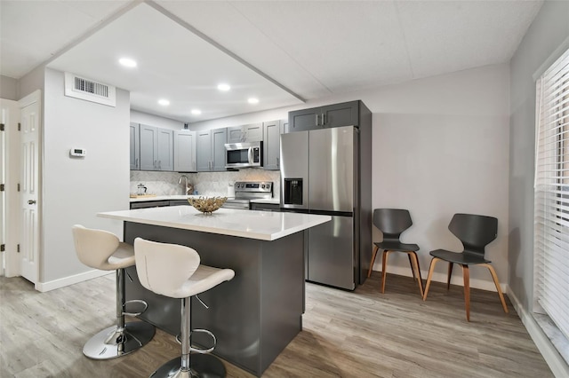 kitchen featuring light hardwood / wood-style flooring, backsplash, a center island, and stainless steel appliances