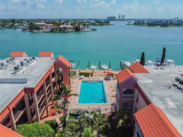 drone / aerial view featuring a water view