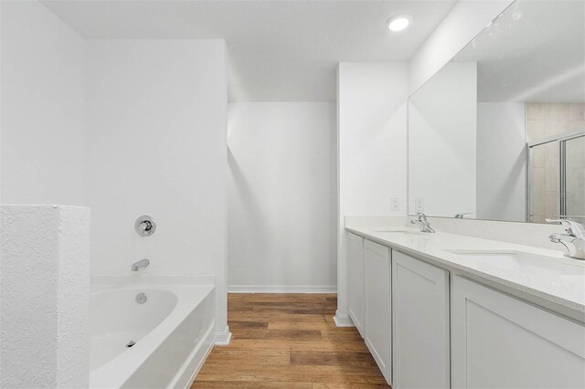 bathroom featuring plus walk in shower, vanity, and hardwood / wood-style flooring