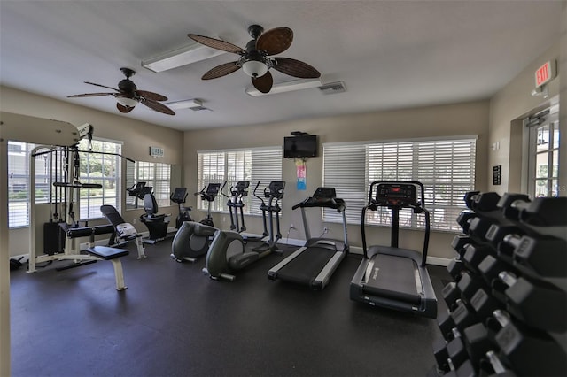 workout area with ceiling fan