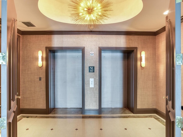 hall with tile patterned floors, a raised ceiling, baseboards, and wallpapered walls