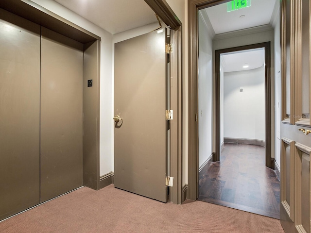 hallway featuring crown molding, carpet floors, baseboards, and elevator