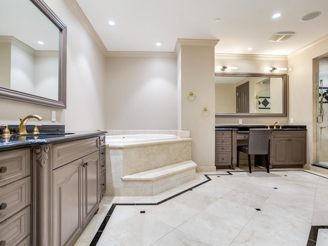 full bathroom featuring a bath, crown molding, a sink, and recessed lighting