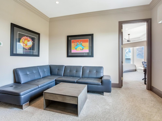 living area featuring recessed lighting, baseboards, carpet flooring, and ornamental molding