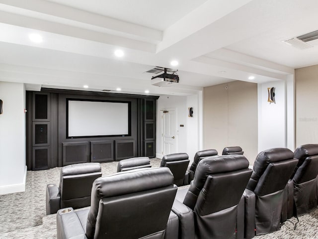 carpeted home theater room with baseboards, visible vents, and recessed lighting