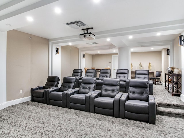 carpeted home theater featuring recessed lighting, visible vents, and baseboards