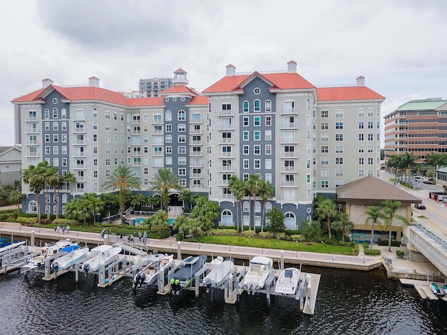 view of building exterior featuring a water view