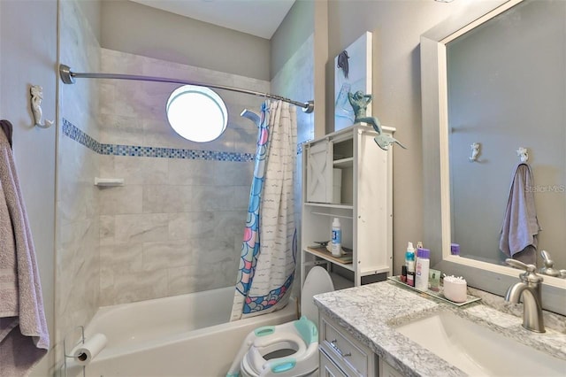 bathroom with vanity and shower / tub combo with curtain