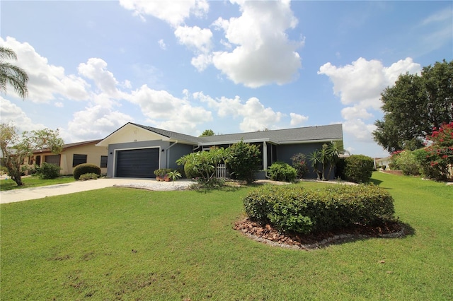 single story home featuring a front yard and a garage