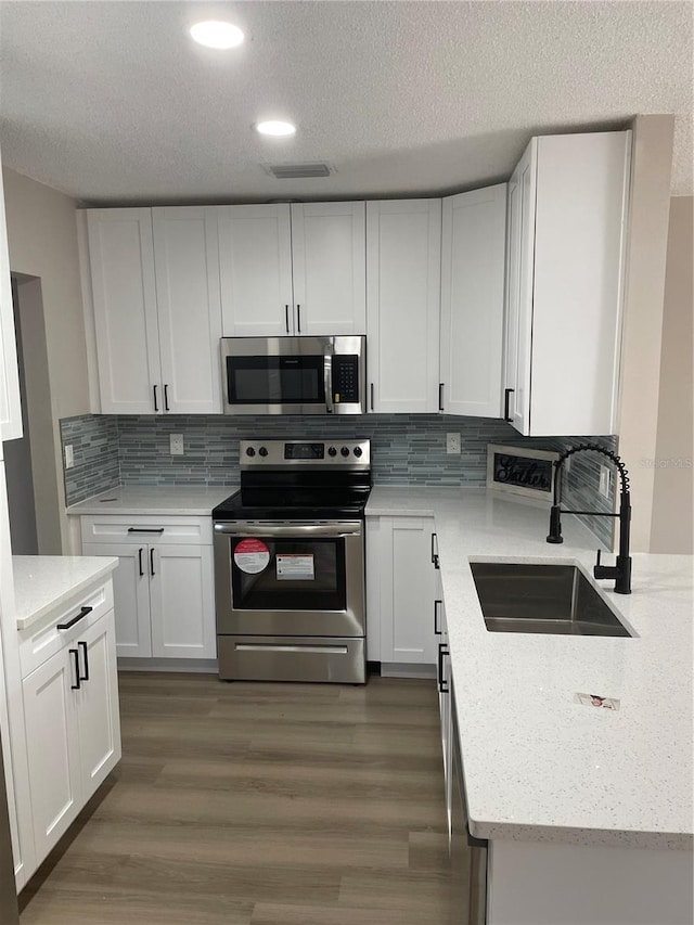 kitchen with hardwood / wood-style flooring, light stone countertops, sink, and stainless steel appliances