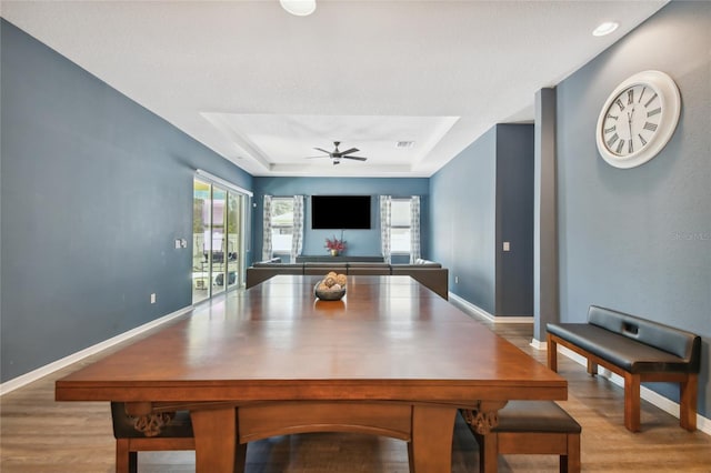 dining space with a raised ceiling, light hardwood / wood-style floors, and ceiling fan