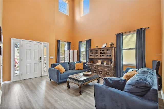 living room featuring light hardwood / wood-style floors and a towering ceiling