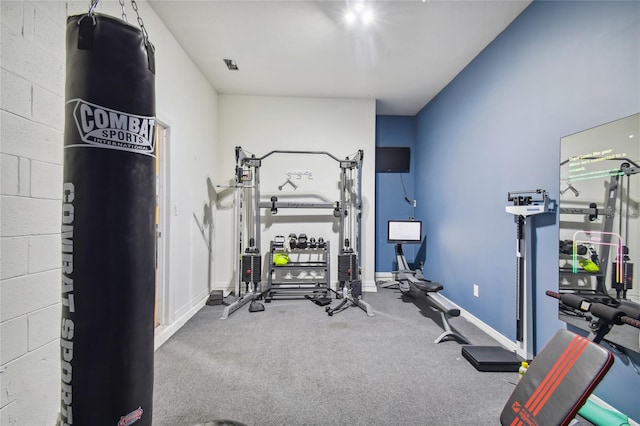 exercise room featuring light carpet