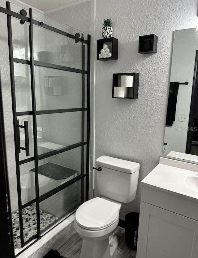 bathroom featuring toilet, vanity, and a shower with shower door