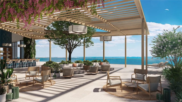 view of terrace featuring a water view, a pergola, and outdoor lounge area