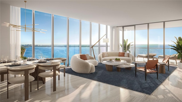 interior space with a wealth of natural light and a water view