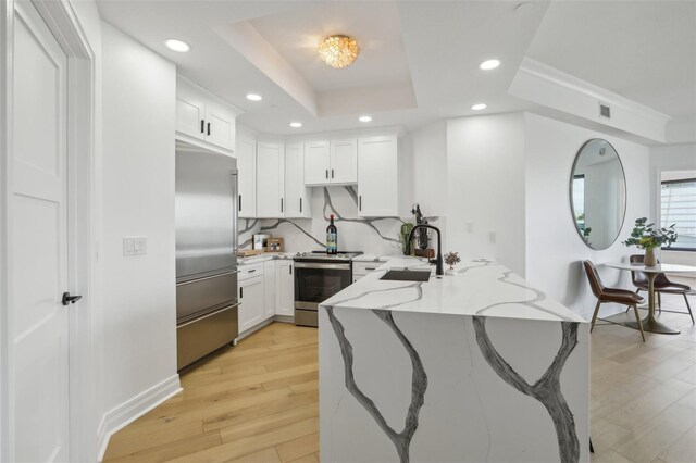 kitchen featuring appliances with stainless steel finishes, light hardwood / wood-style floors, white cabinetry, a tray ceiling, and kitchen peninsula