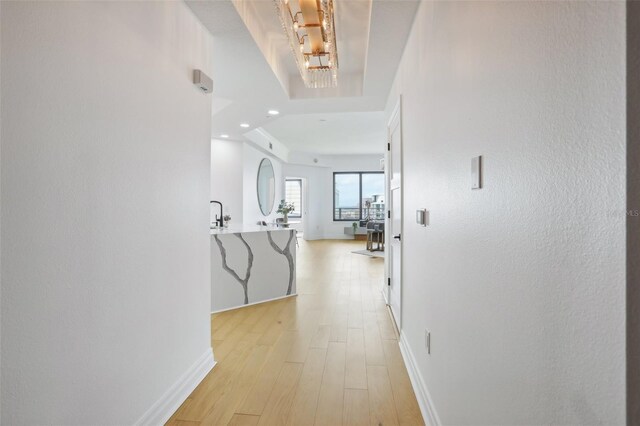 hall with a raised ceiling and light hardwood / wood-style floors