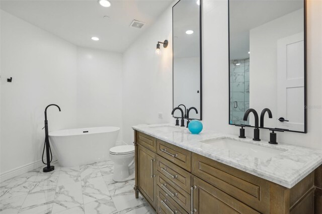 full bathroom with toilet, shower with separate bathtub, and vanity