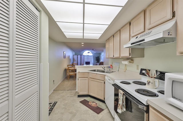 kitchen featuring kitchen peninsula, light tile flooring, white appliances, light brown cabinets, and sink