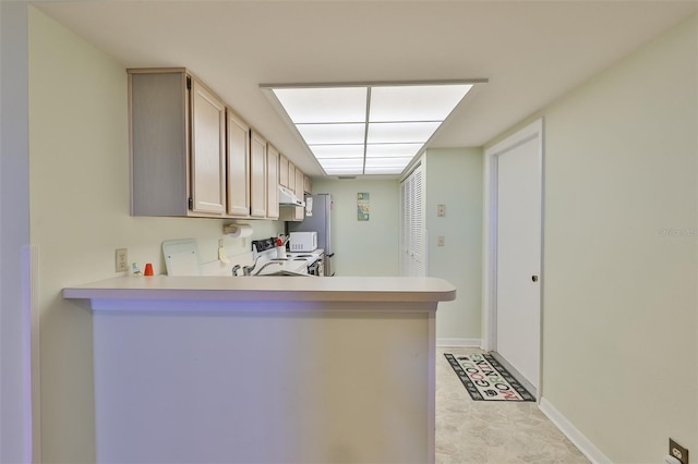 kitchen featuring light tile floors, kitchen peninsula, and white electric stove