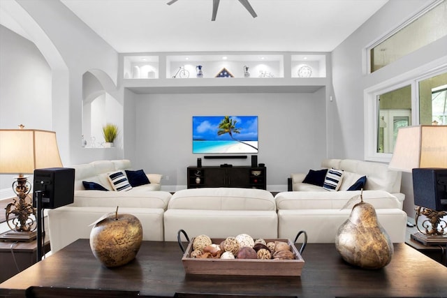 living room featuring ceiling fan