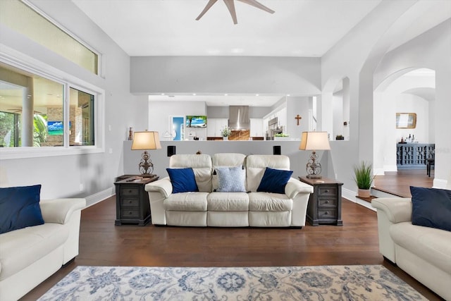 living room featuring ceiling fan and dark hardwood / wood-style floors