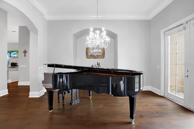 living area featuring ornamental molding, dark hardwood / wood-style floors, and a healthy amount of sunlight