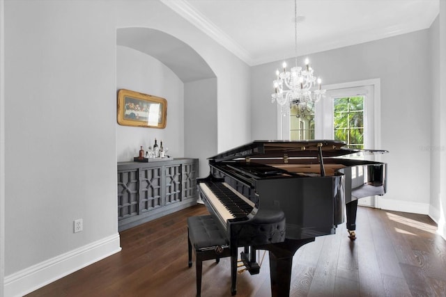 living area featuring ornamental molding and dark wood-type flooring