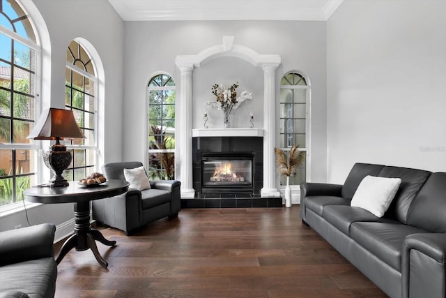 interior space with a fireplace, ornamental molding, dark hardwood / wood-style flooring, and decorative columns