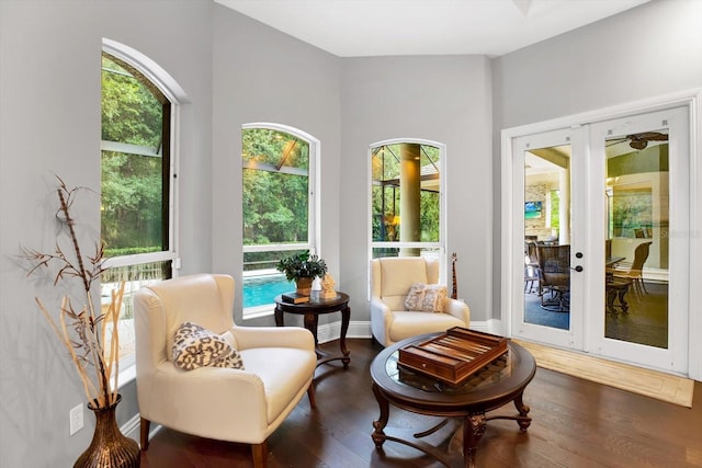 living area with plenty of natural light, dark hardwood / wood-style floors, and french doors