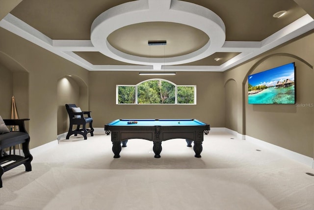 rec room with coffered ceiling, pool table, and light colored carpet