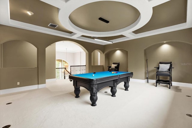 recreation room featuring pool table, coffered ceiling, and carpet floors