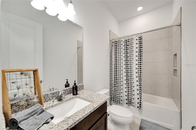 full bathroom featuring shower / bathtub combination with curtain, vanity, toilet, and tile floors