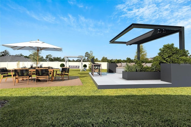 view of yard with an outdoor living space and a patio