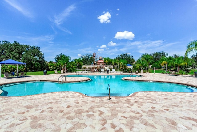 view of swimming pool with a patio