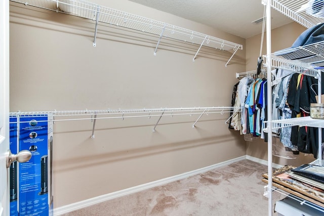 walk in closet featuring light carpet