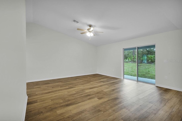 unfurnished room featuring hardwood / wood-style floors, ceiling fan, and lofted ceiling