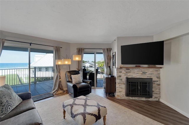 living room with a water view, hardwood / wood-style floors, and a stone fireplace