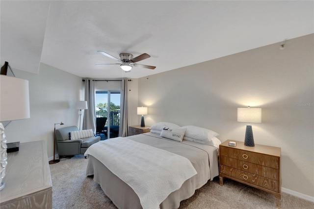 carpeted bedroom with ceiling fan and access to exterior