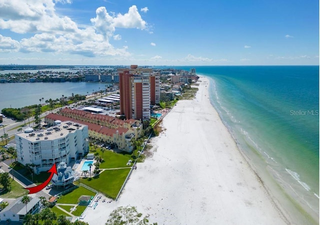 aerial view featuring a view of the beach and a water view