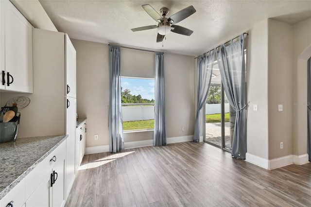 entryway with light hardwood / wood-style floors, ceiling fan, and a textured ceiling