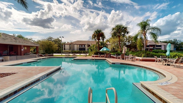 view of swimming pool featuring a patio