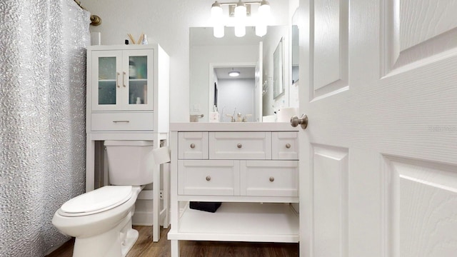 bathroom featuring toilet, vanity, and wood-type flooring