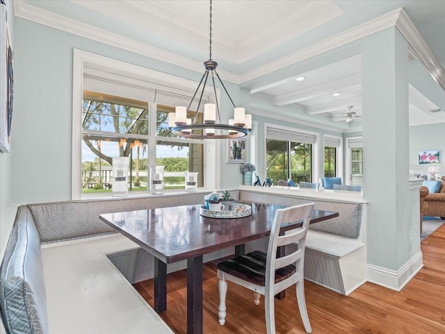 dining room featuring ceiling fan with notable chandelier, light hardwood / wood-style flooring, beam ceiling, a raised ceiling, and ornamental molding