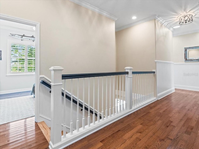 hall featuring dark hardwood / wood-style flooring and ornamental molding