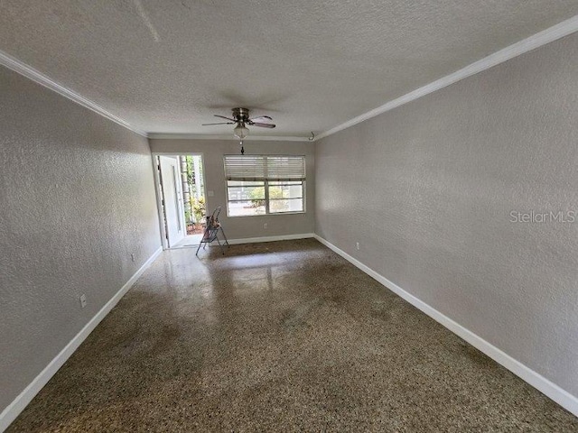 empty room with crown molding, a textured ceiling, and ceiling fan