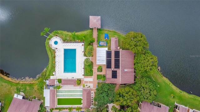 drone / aerial view featuring a water view