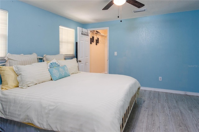 bedroom featuring a walk in closet, hardwood / wood-style flooring, a closet, and ceiling fan