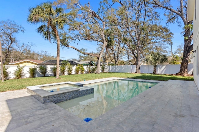 view of pool with a pool with connected hot tub, a patio area, a fenced backyard, and a yard